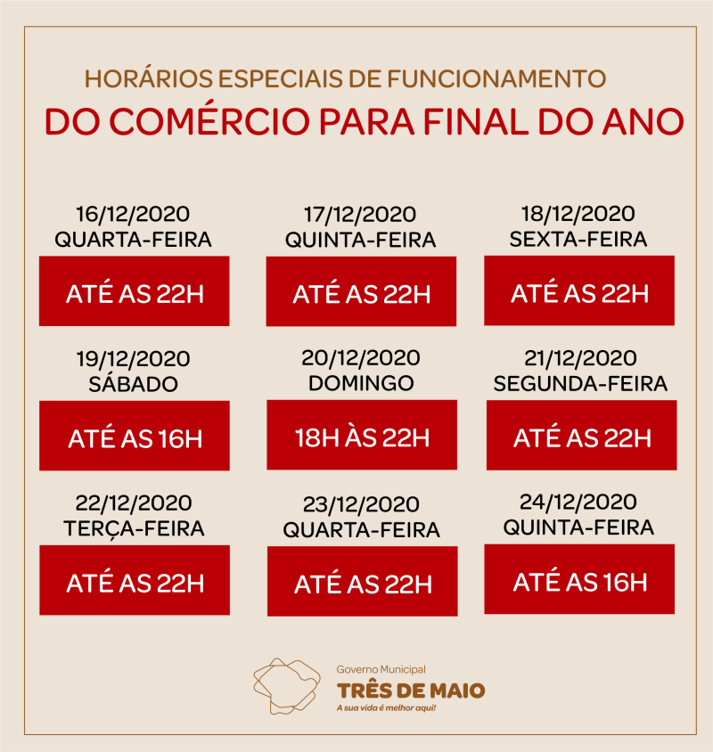 Comércio terá horários especiais de funcionamento para final do ano.